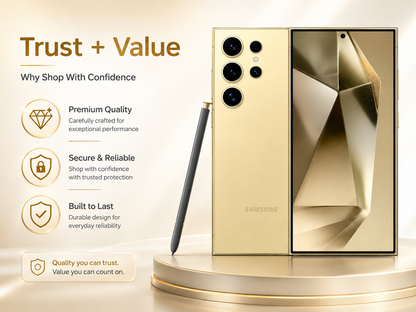 Samsung Galaxy S24 Ultra Titanium Yellow smartphone with S Pen, showing front display and back cameras.