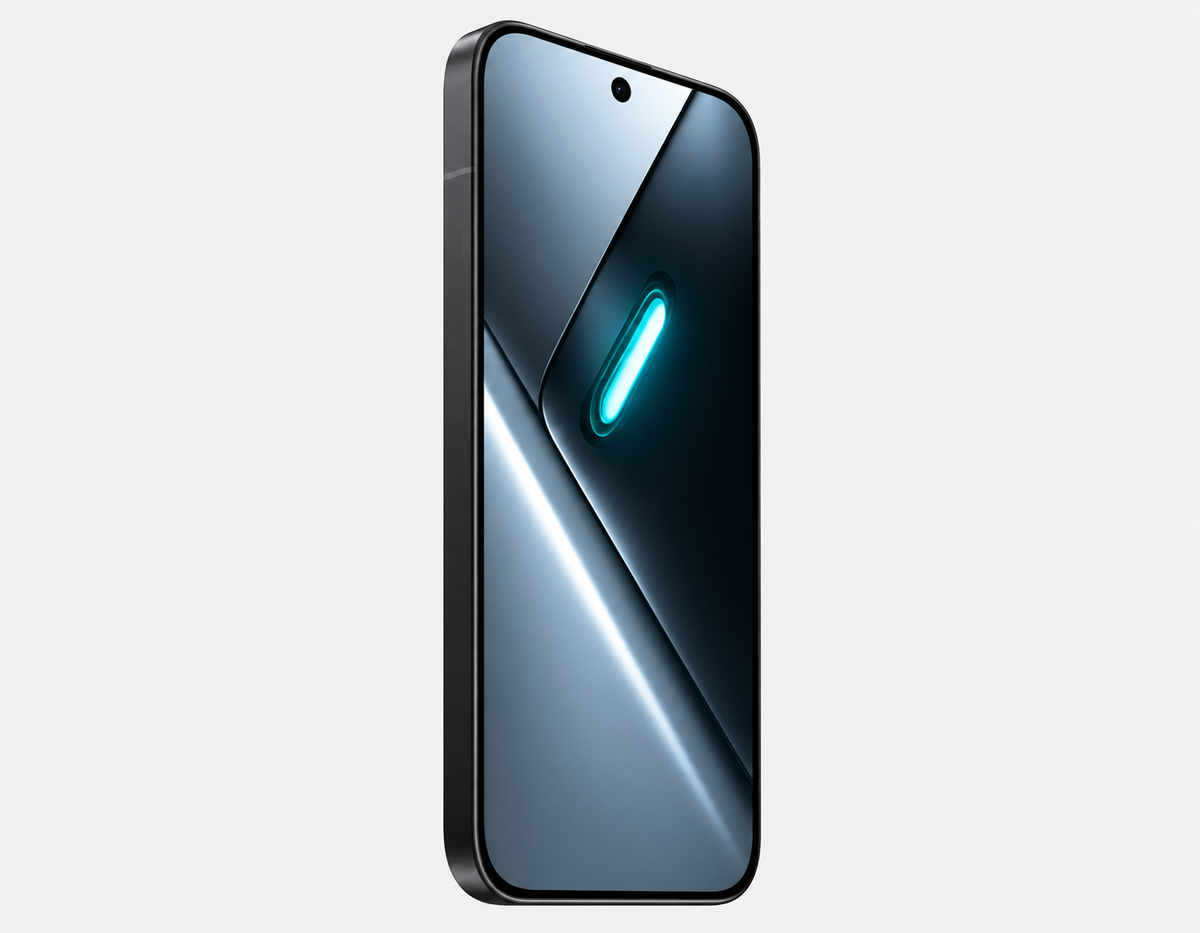 Xiaomi Poco X8 Pro smartphone, black front with glowing vertical light on screen