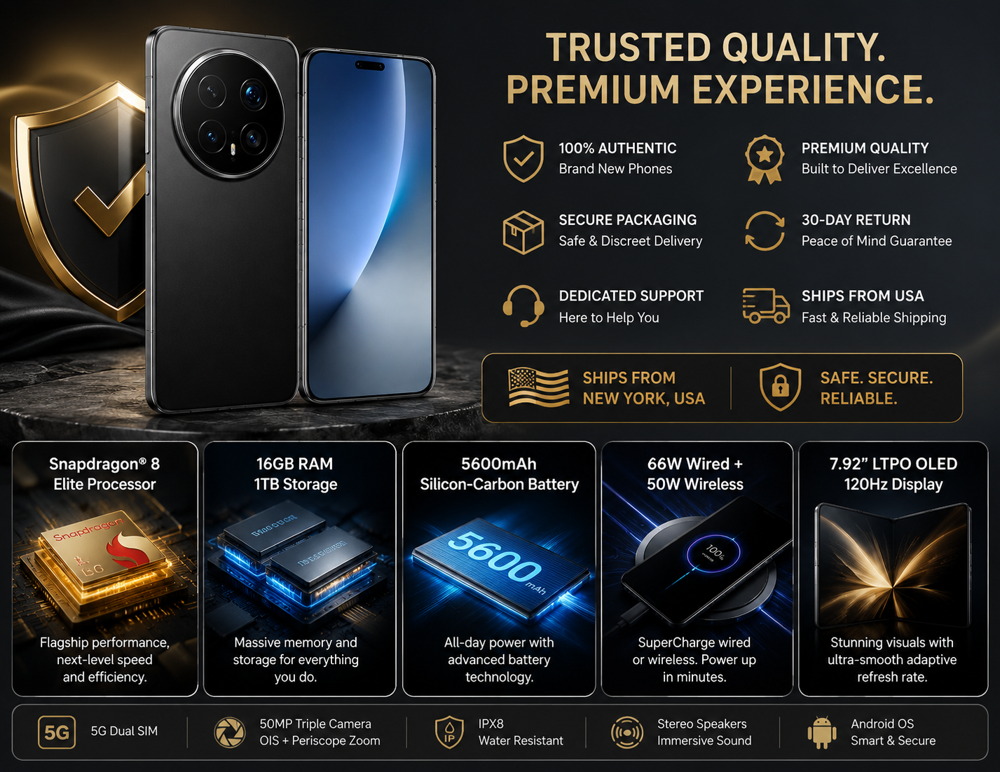 Honor Magic8 Pro 5G  Black smartphone with triple rear cameras and glossy blue front screen.