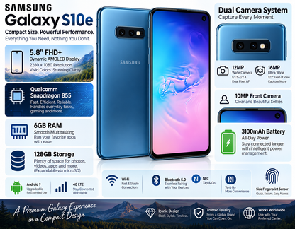Prism blue Samsung Galaxy S10e phone showing rear cameras and front screen