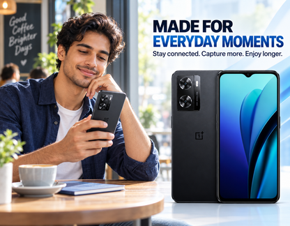 OnePlus Nord N20 SE Man holding a black smartphone with visible screen; dual rear camera on back