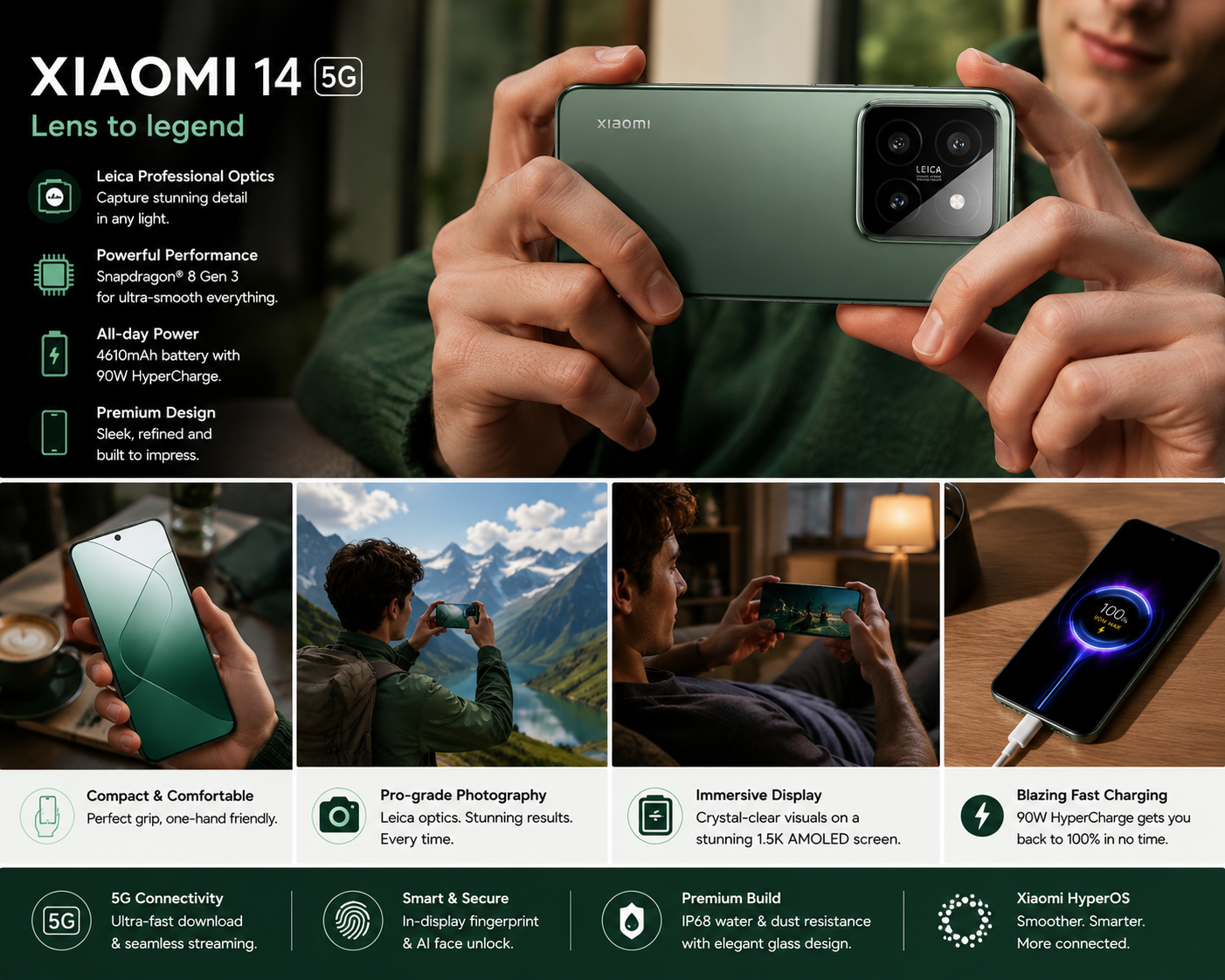 Xiaomi 14 5G 512GB ROM 12GB RAM Dual SIM GSM Unlocked - Green