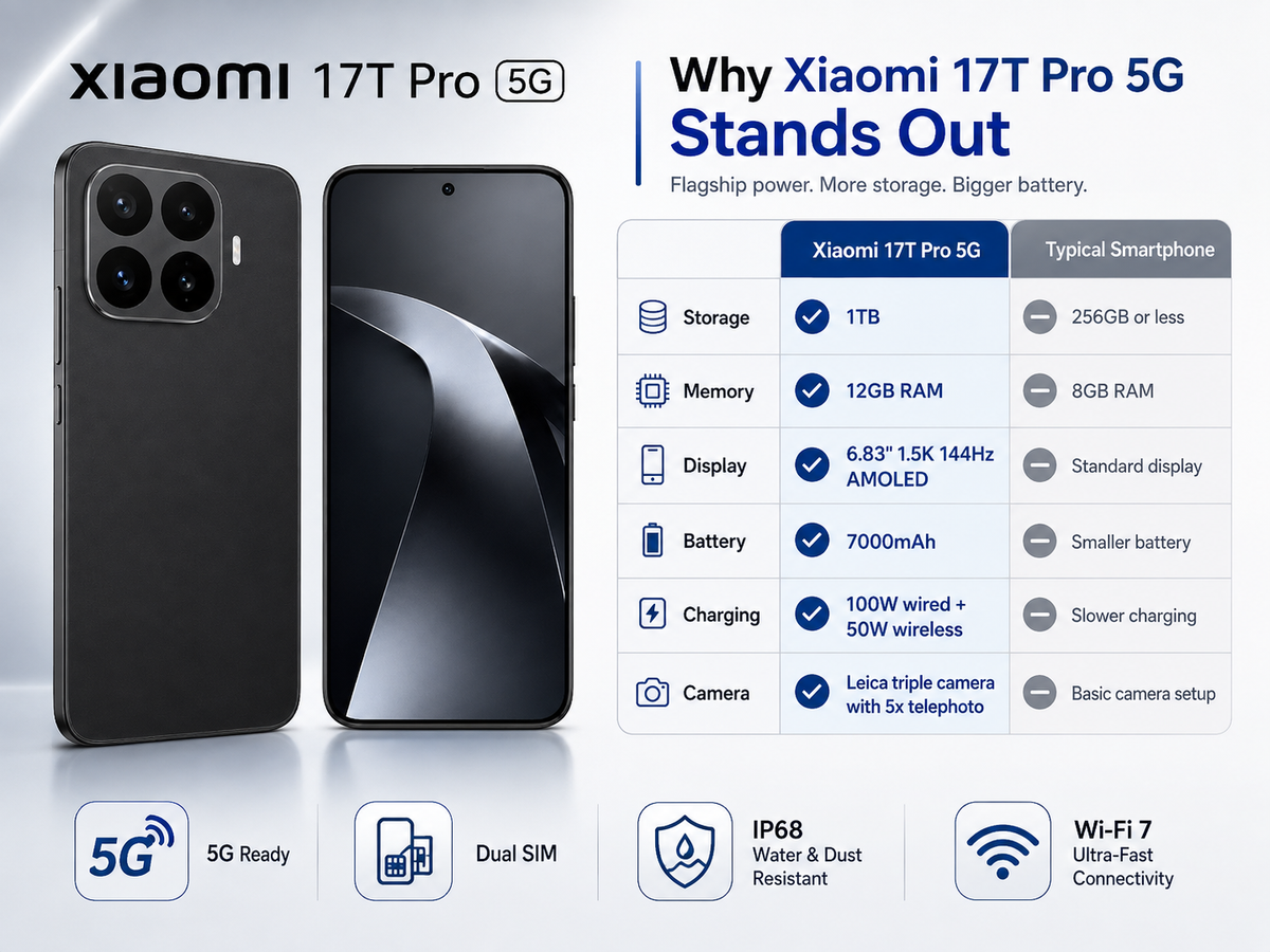 XIAOMI Mi 17T PRO 5G Black unlocked 5G smartphone showing front display and rear quad-camera module.