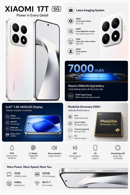 White Xiaomi 17T 5G smartphone front and back view with quad rear camera lenses