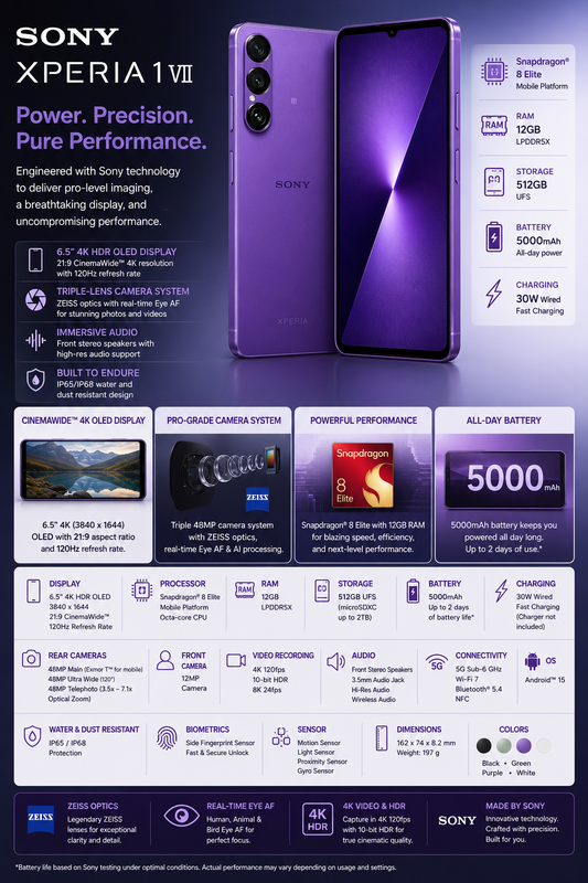 Sony Xperia 1 VII XQ-FS72 5G Dual SIM 512GB ROM 12GB RAM GSM Unlocked - Purple