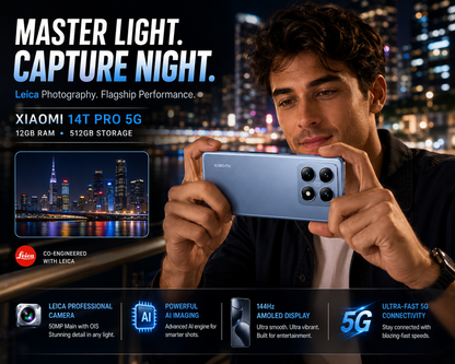 Xiaomi 14T Pro 5G Titan blue smartphone held in hands, showing quad-lens camera on the back