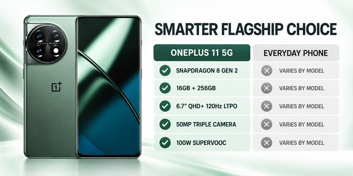 ONEPLUS 11 5G Green smartphone with front display and rear camera array visible.