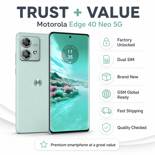Mint green Motorola smartphone front and back, screen showing time over abstract landscape