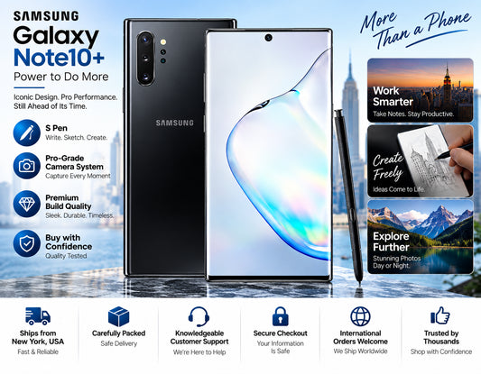 Samsung Galaxy Note10+ smartphone in black with S Pen, front and back shown