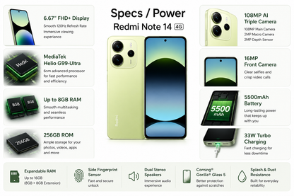 Xiaomi Redmi Note 14 4G 256GB ROM 8GB RAM Dual SIM GSM Unlocked  - Lime Green