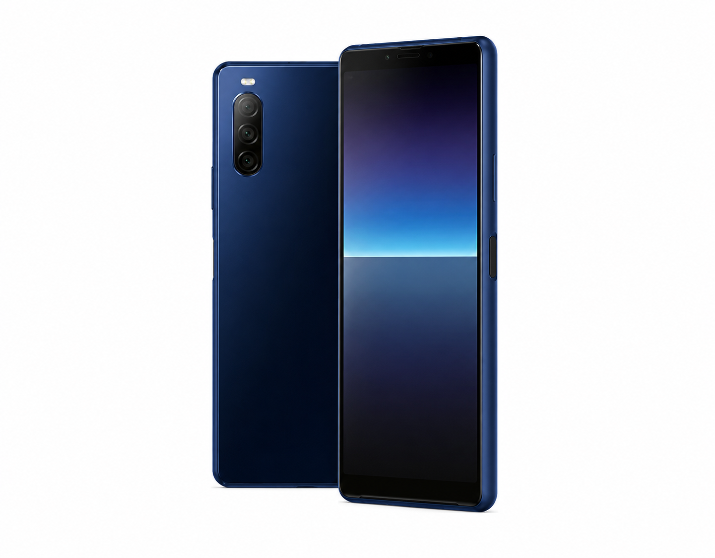 Blue Sony Xperia 10 II smartphone front and back with triple rear camera