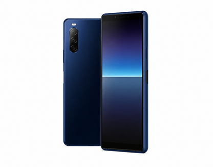 Blue Sony Xperia 10 II smartphone front and back with triple rear camera