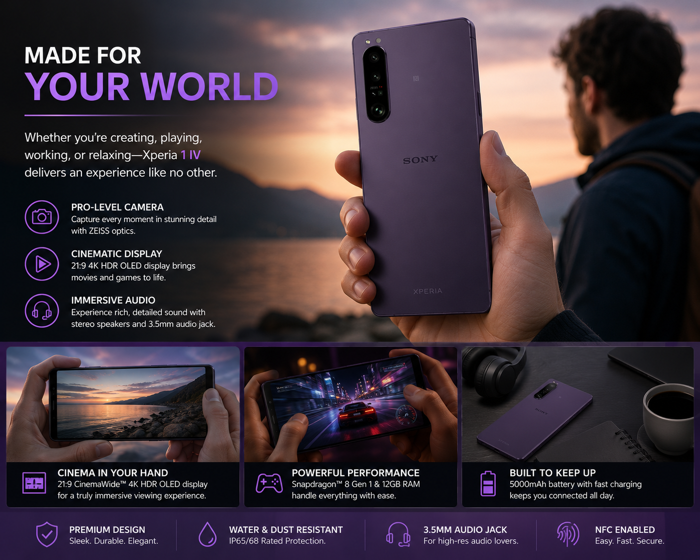 Sony Xperia 1 IV XQ-CT72 5G Dual 256GB 12GB RAM Dual SIM GSM Unlocked – Purple