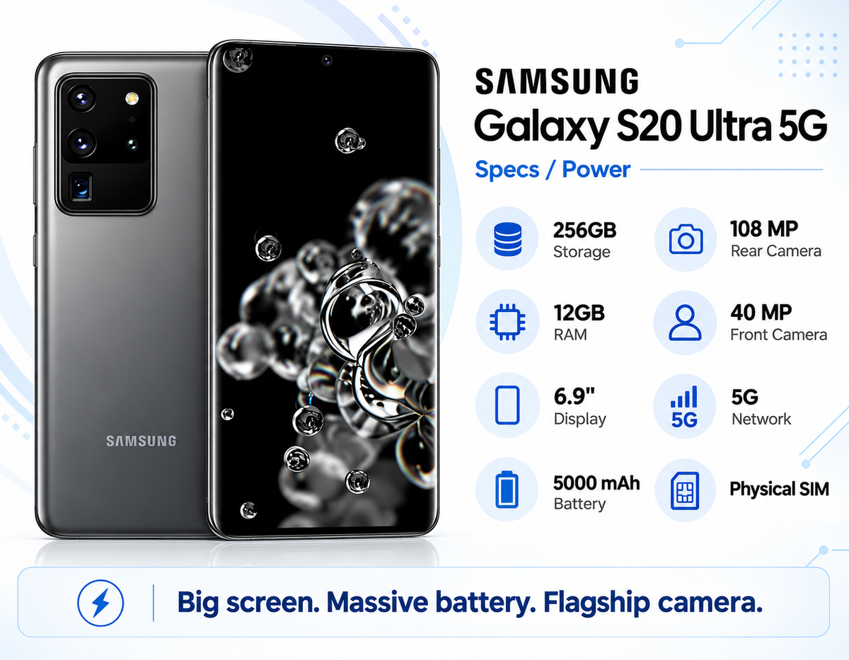 Samsung Galaxy S20 Ultra 5G smartphone, cosmic grey, front and back view