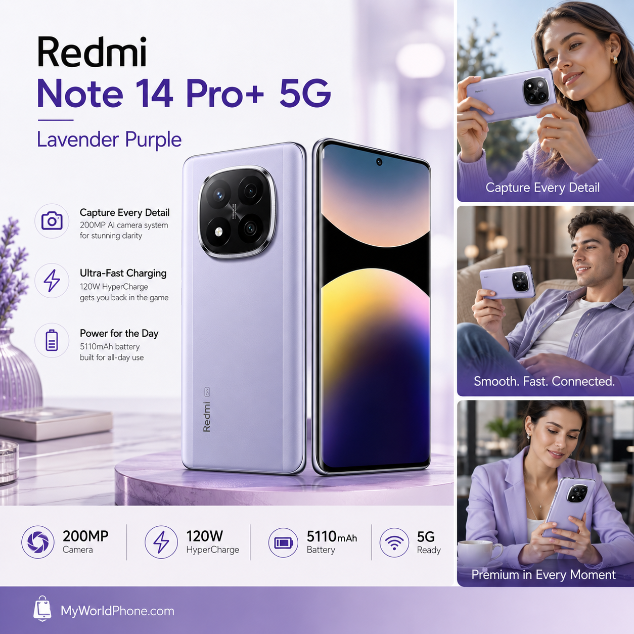 Xiaomi Redmi Note 14 Pro Plus 5G 512GB ROM 12GB RAM Dual SIM GSM Unlocked - Lavender Purple
