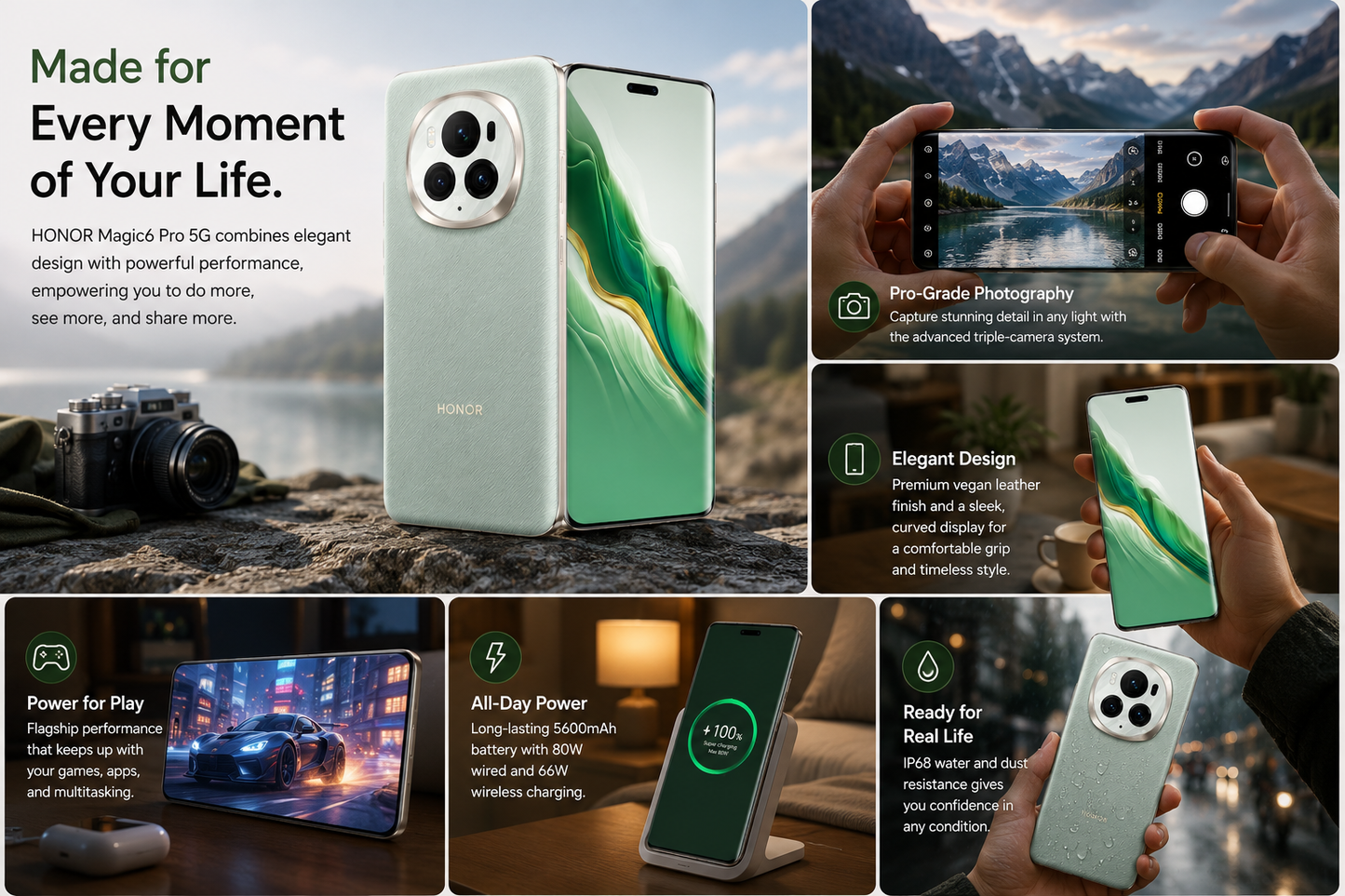 Mint green smartphone with triple camera, green wallpaper screen, shown in hands