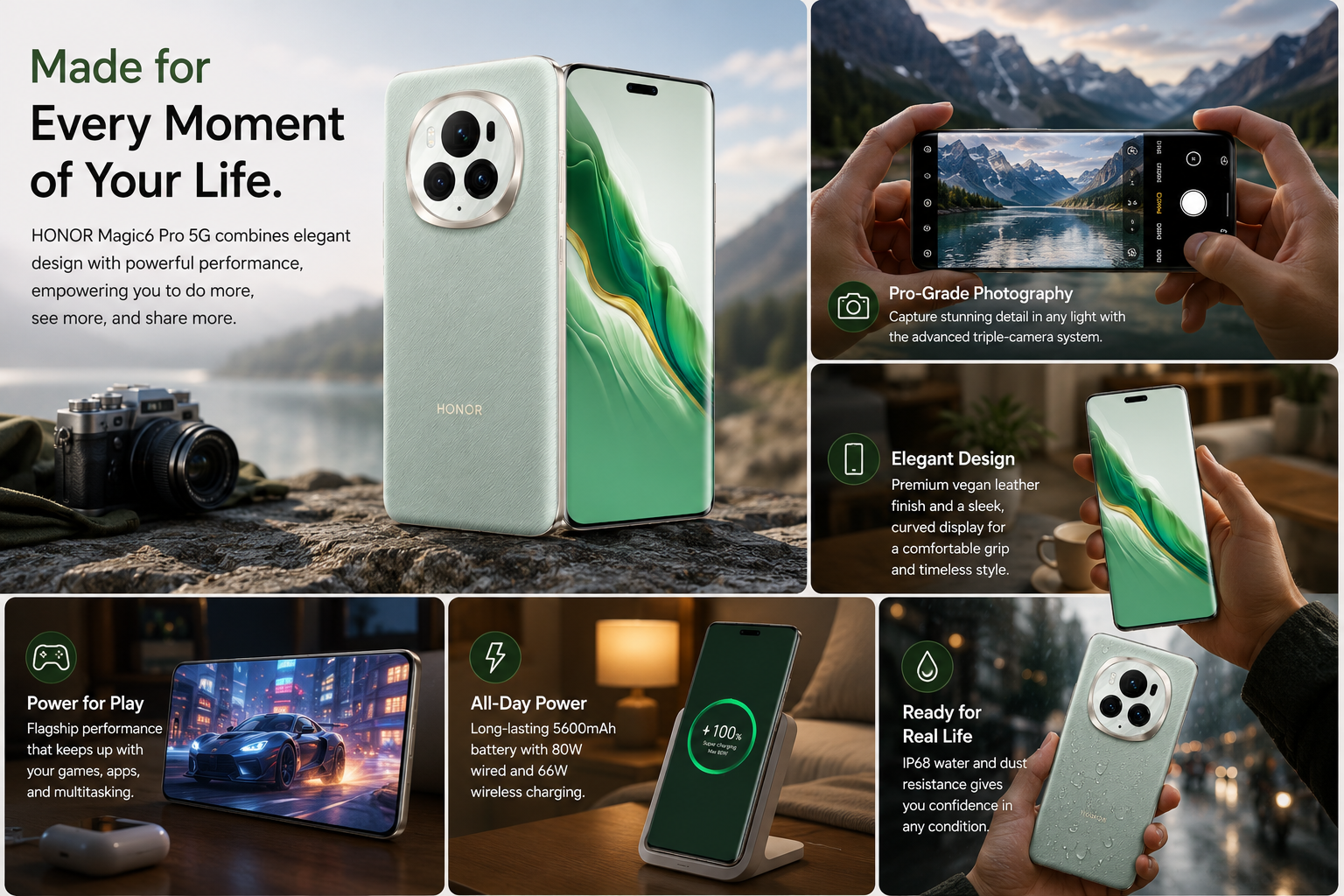 Mint green smartphone with triple camera, green wallpaper screen, shown in hands