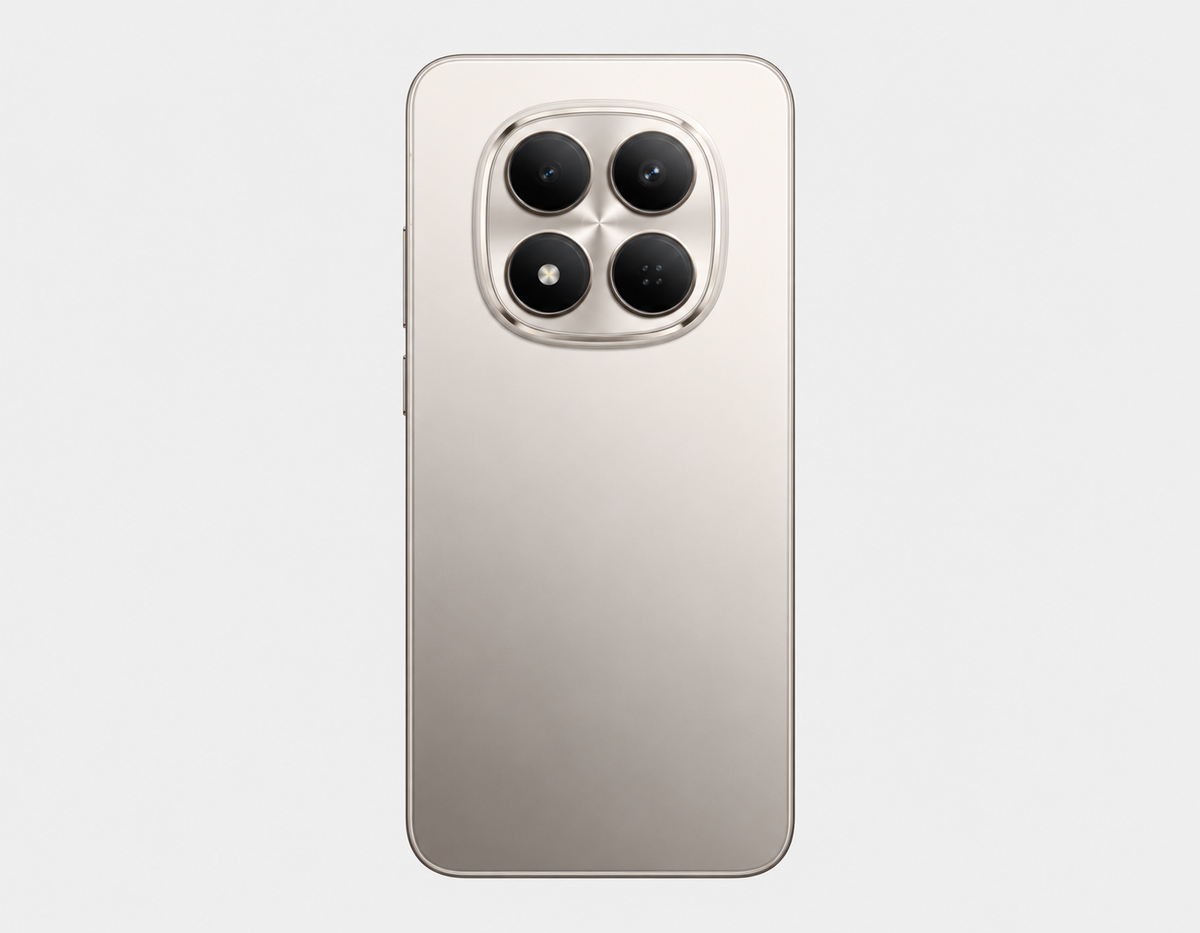 Xiaomi Redmi Note 15 Pro 5G Titanium-colored smartphone back with centered square quad-camera cluster and flash