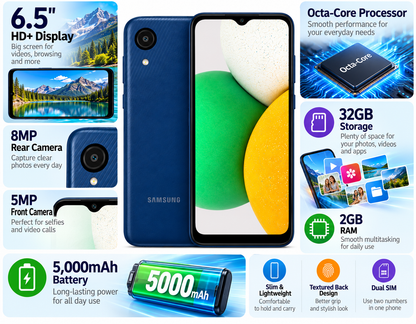 Samsung Galaxy A03 Core A032M Dual SIM 32GB ROM 2GB RAM GSM Unlocked - Blue