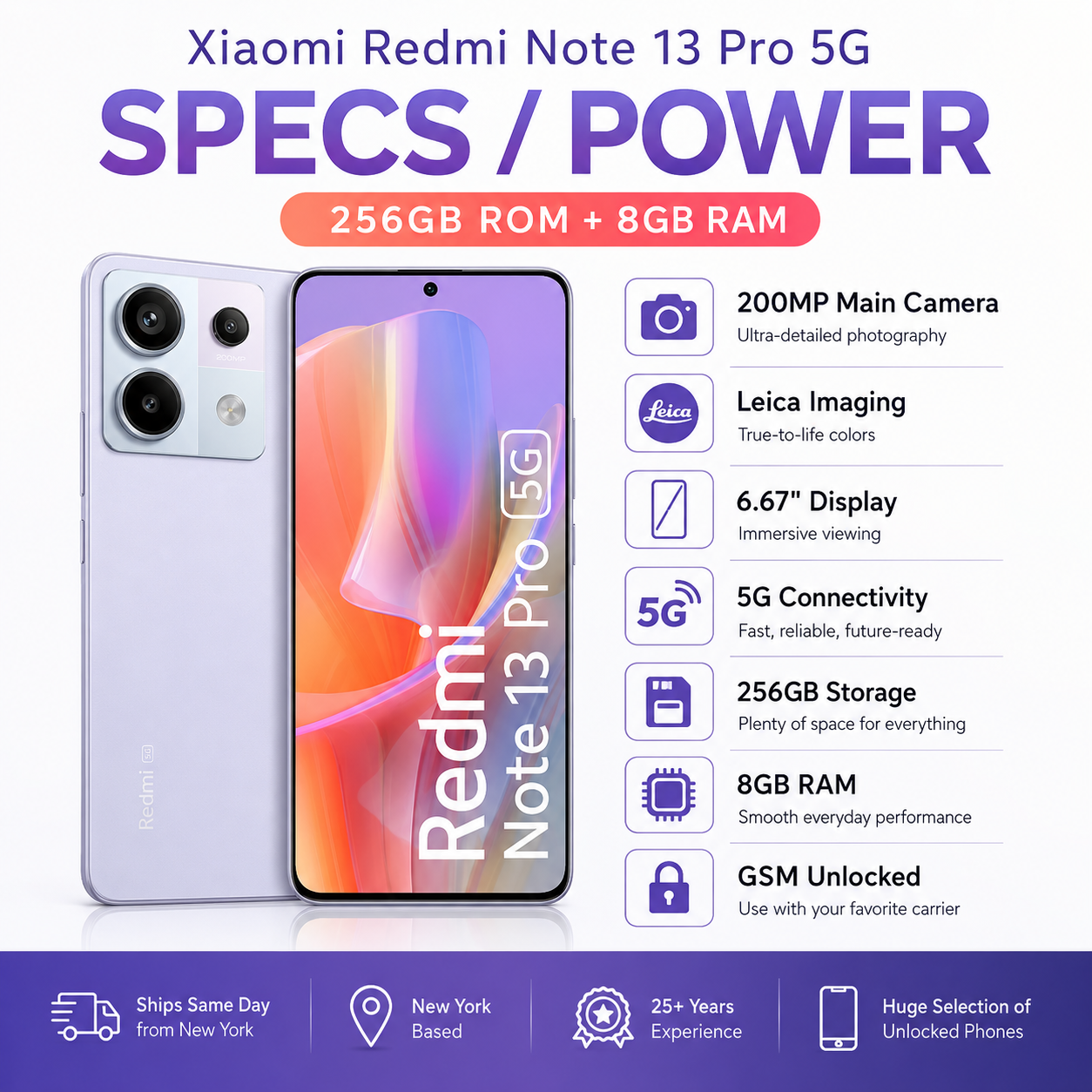 Xiaomi Redmi Note 13 Pro 5G Dual SIM 256GB ROM 8GB RAM GSM Unlocked - Purple