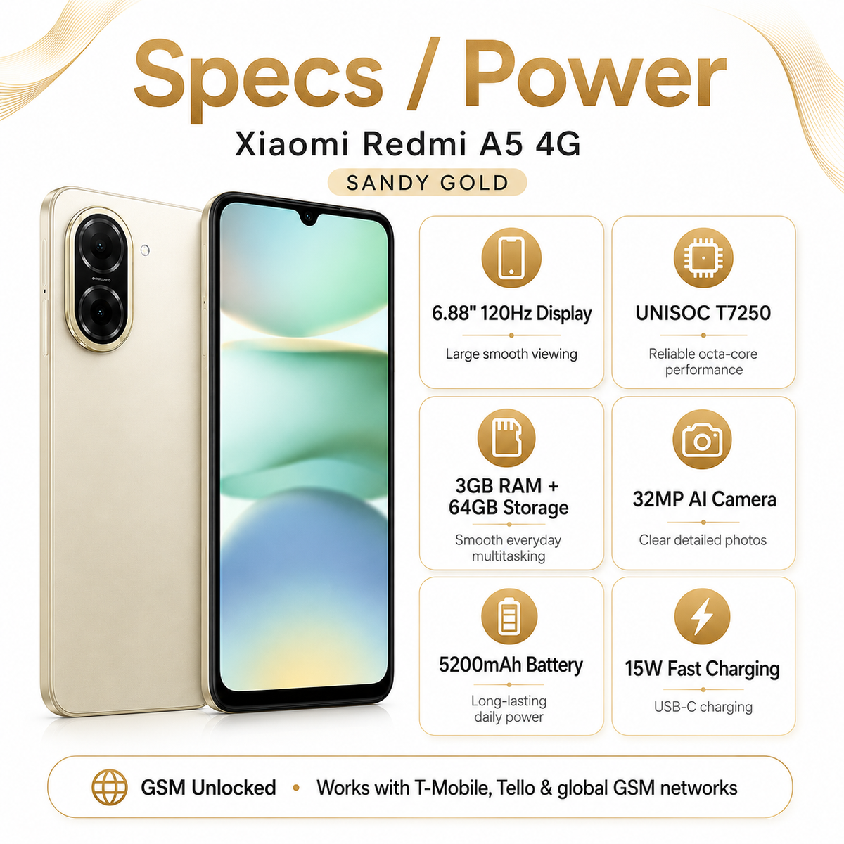Xiaomi Redmi A5 4G 64GB 3GB RAM Dual SIM Unlocked - Gold Xiaomi Redmi A5 4G 64GB 3GB RAM Dual SIM Unlocked - Gold