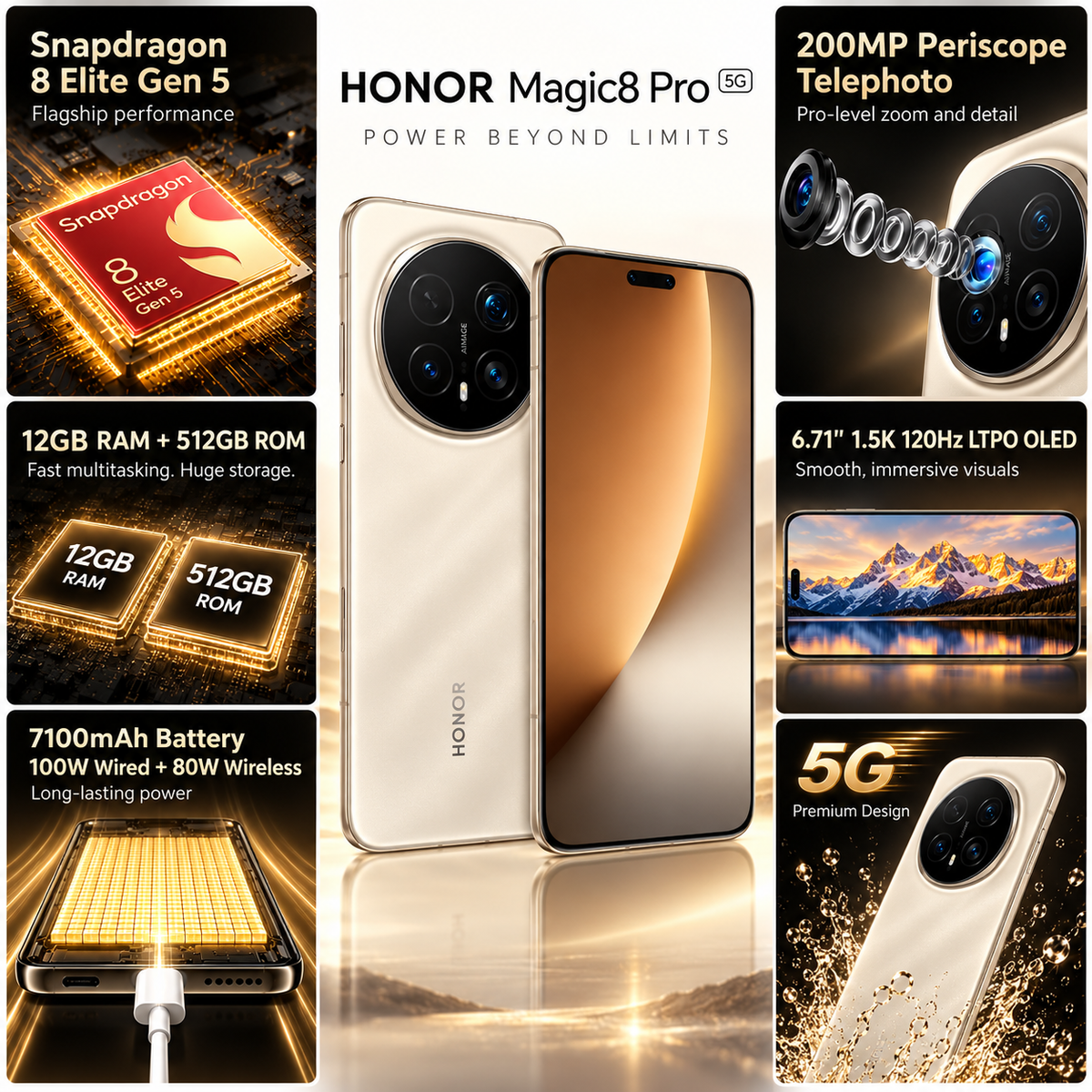 Honor Magic8 Pro promotional graphic with sunrise gold phone and camera closeups