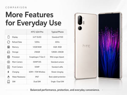 HTC U24 Pro 5G  White HTC smartphone side-by-side front and back, dual camera module visible