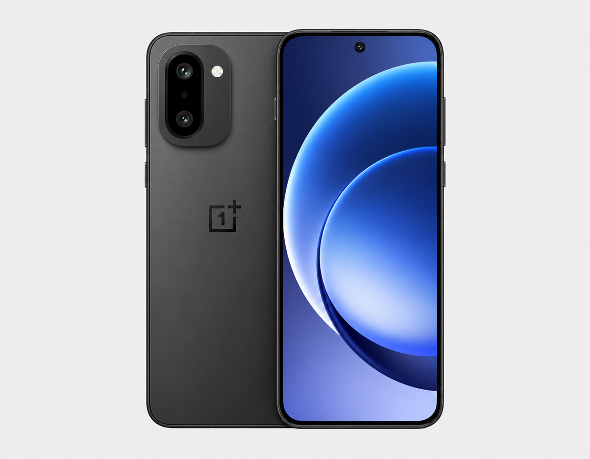 OnePlus 15R 5G Charcoal black smartphone front and back with dual camera module