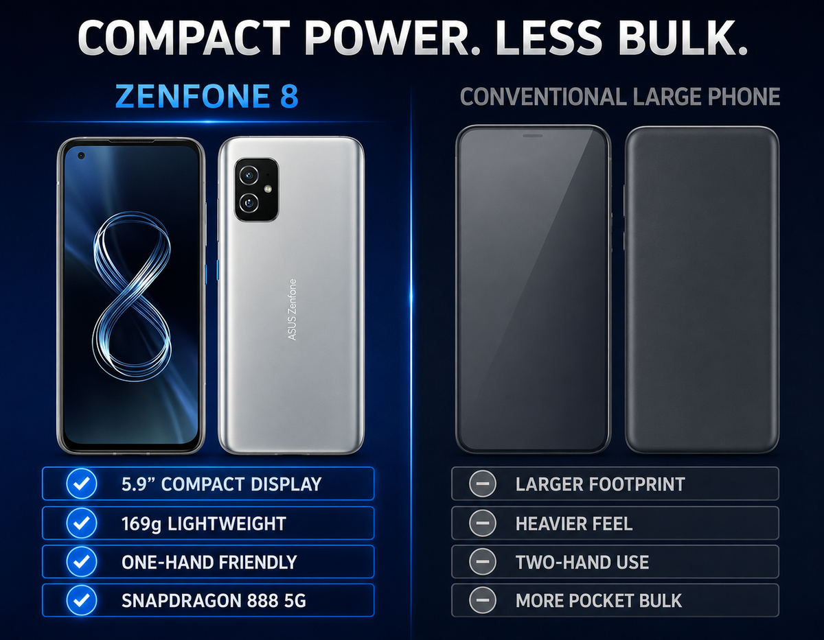 Asus Zenfone 8 Compact silver smartphone with front display and dual rear camera module