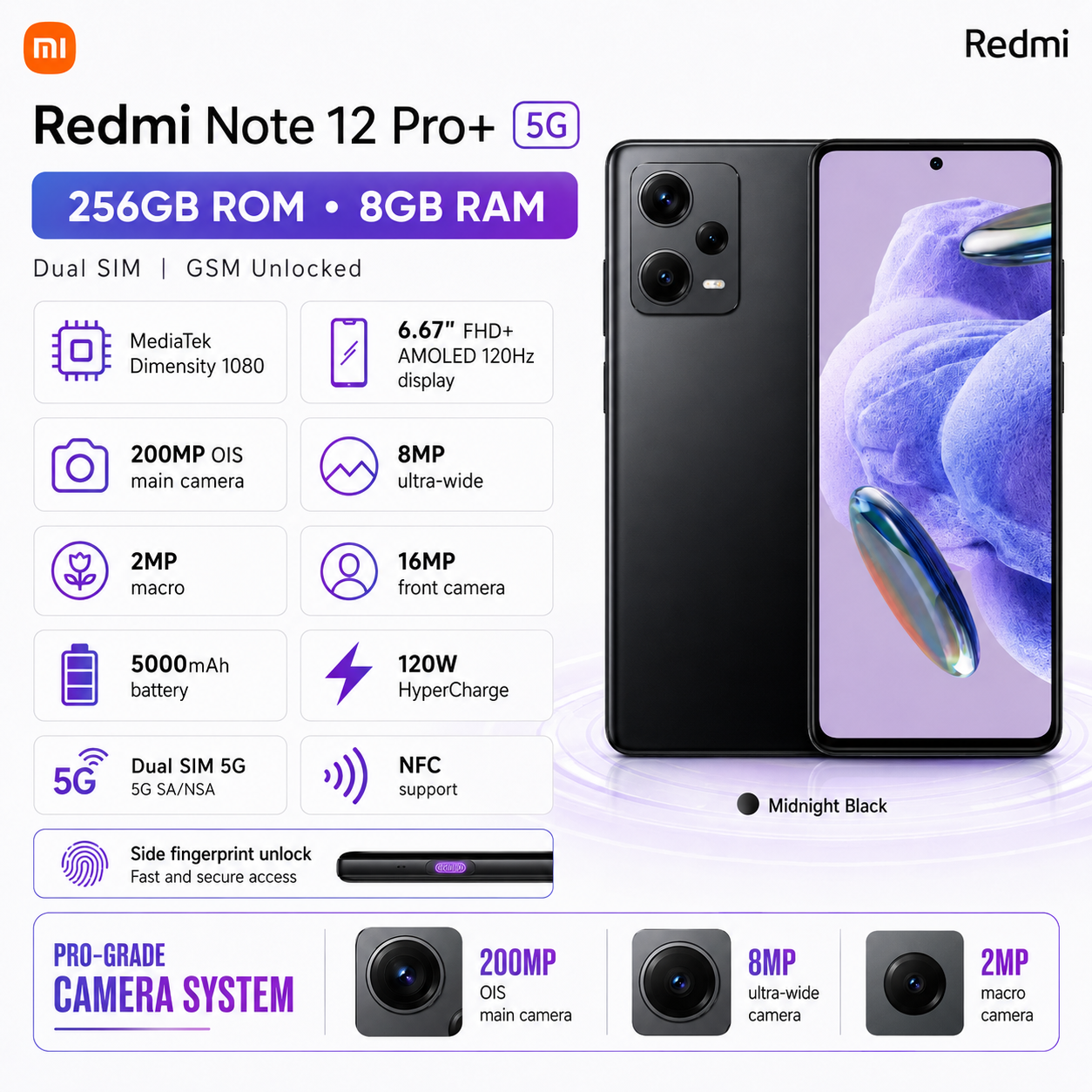 Xiaomi Redmi Note 12 Pro Plus 5G 256GB ROM 8GB RAM GSM Unlocked - Midnight Black