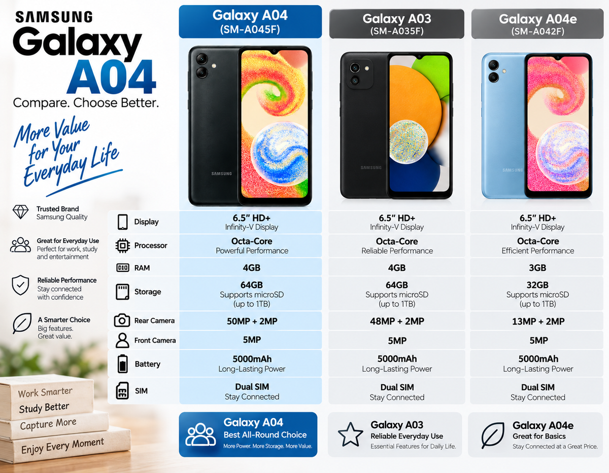 Black Samsung Galaxy A04 dual SIM smartphone, front screen and back shown