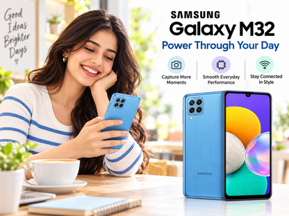 Samsung Galaxy M32 Blue smartphone held in hand, with front screen and back quad cameras visible