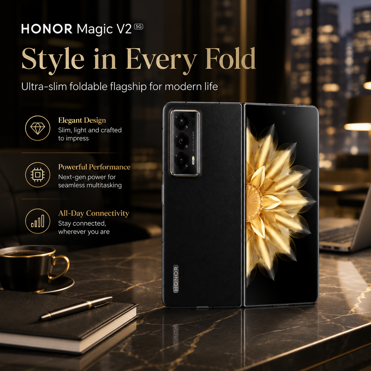 Black foldable smartphone open in portrait view, rear camera module and gold flower display.