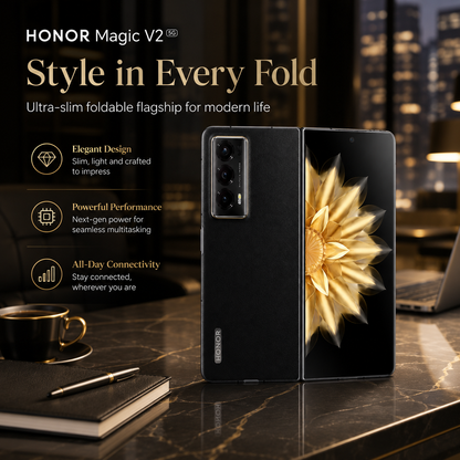 Black foldable smartphone open in portrait view, rear camera module and gold flower display.