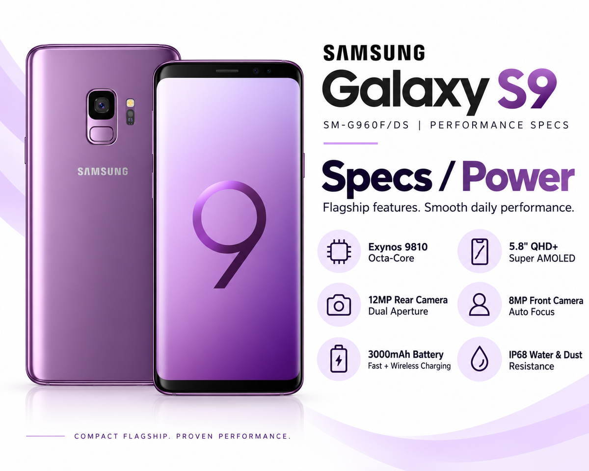 Purple Samsung Galaxy S9 smartphone front display and back panel, rear camera and logo