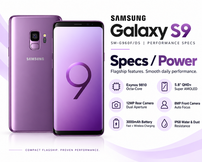 Purple Samsung Galaxy S9 smartphone front display and back panel, rear camera and logo