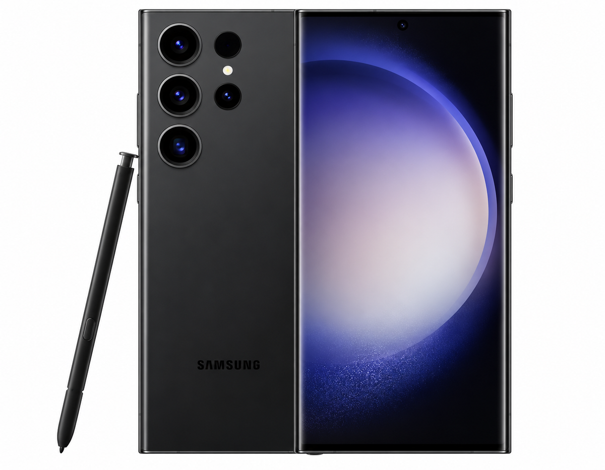 Samsung Galaxy S23 Ultra 5G Black smartphone with S Pen, front and back showing triple rear cameras