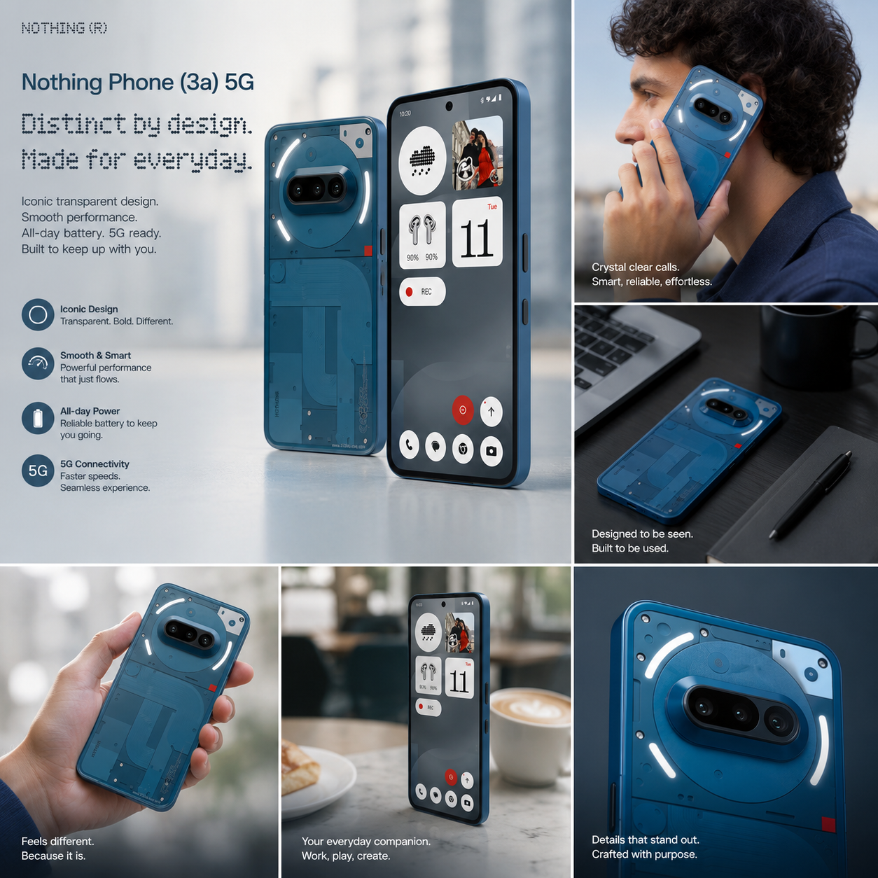 Blue Nothing Phone (3a) 5G smartphone, back panel visible while held in hand