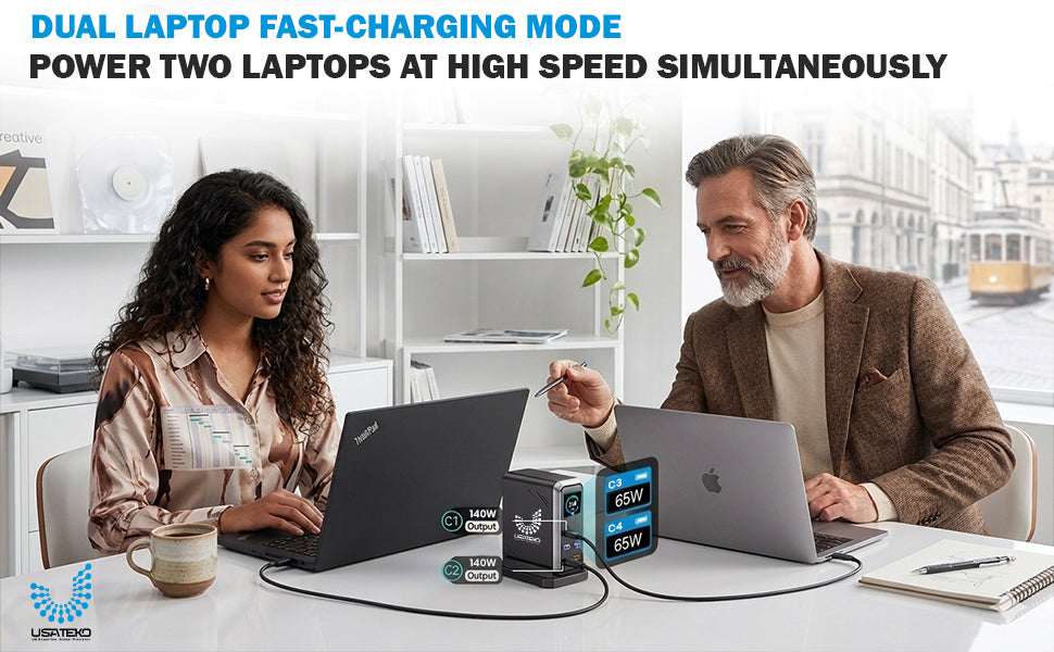 USATEKO 240W GaN 6-Port USB Charging Station with 140W USB-C and 2× 100W Cables