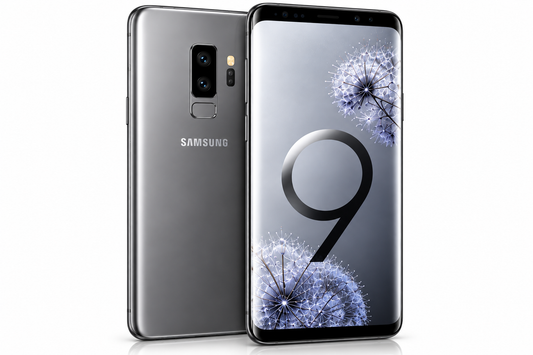 Samsung Galaxy S9+ smartphone in titanium gray, front and back side views