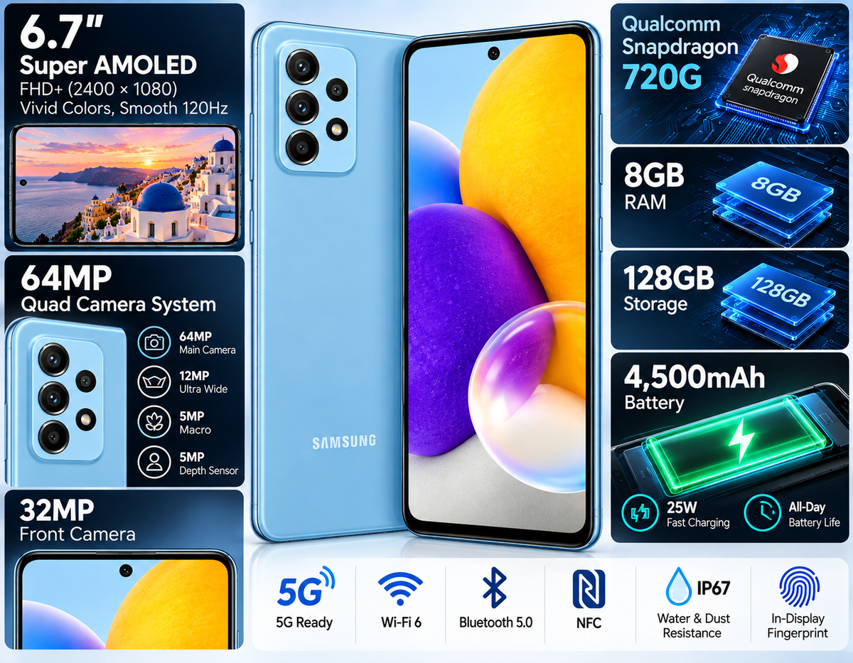 Samsung Galaxy A72 A725F-DS 4G Blue Samsung smartphone front and back with 6.7" display and camera feature callouts