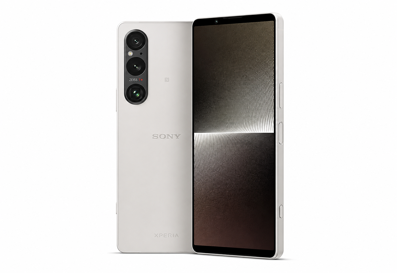 Silver Sony Xperia 1 V smartphone with front display and rear camera module