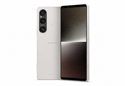 Silver Sony Xperia 1 V smartphone with front display and rear camera module