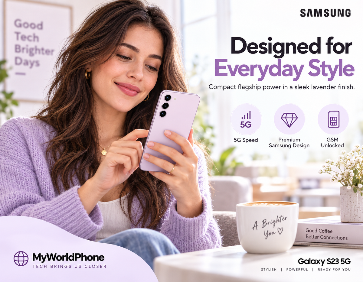 Samsung Galaxy S23 5G Woman holding a lavender Samsung smartphone near her face.
