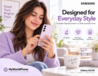 Samsung Galaxy S23 5G Woman holding a lavender Samsung smartphone near her face.