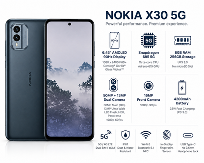 Nokia X30 5G Dual-Sim 256GB ROM 8GB RAM GSM Unlocked - Blue