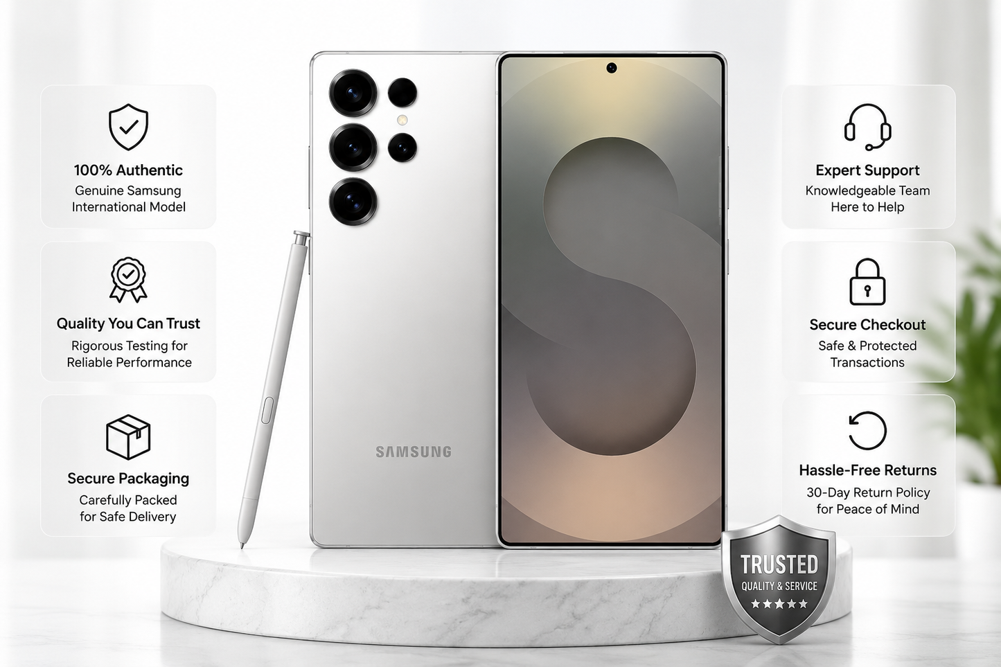 SAMSUNG Galaxy S25 Ultra  White silver smartphone with stylus, plus trust and support badges