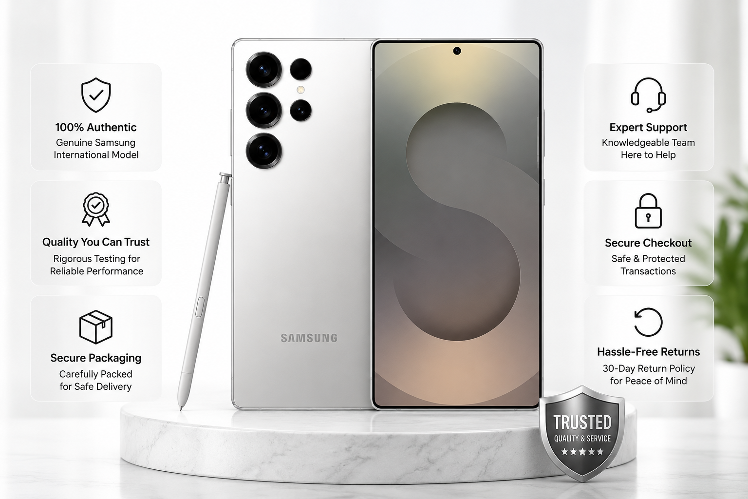 SAMSUNG Galaxy S25 Ultra  White silver smartphone with stylus, plus trust and support badges
