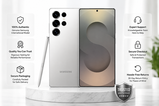 SAMSUNG Galaxy S25 Ultra  White silver smartphone with stylus, plus trust and support badges