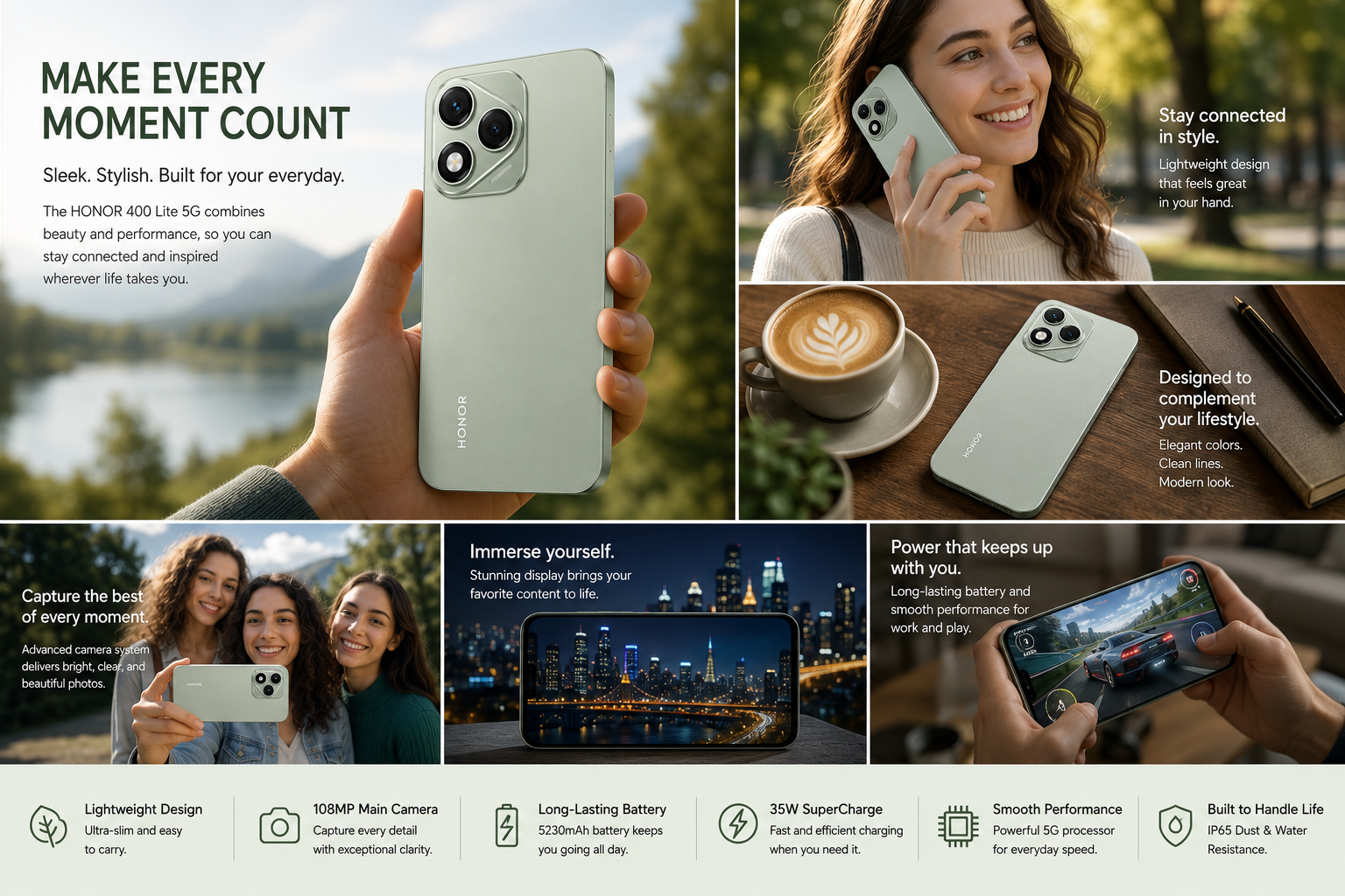 Green Honor smartphone in hand, showing front and back with circular wallpaper